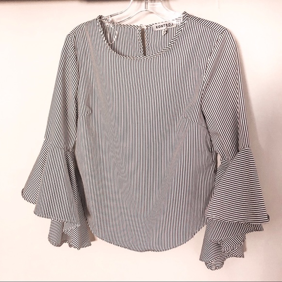 Topshop Tops - Striped Ruffle Sleeve Top